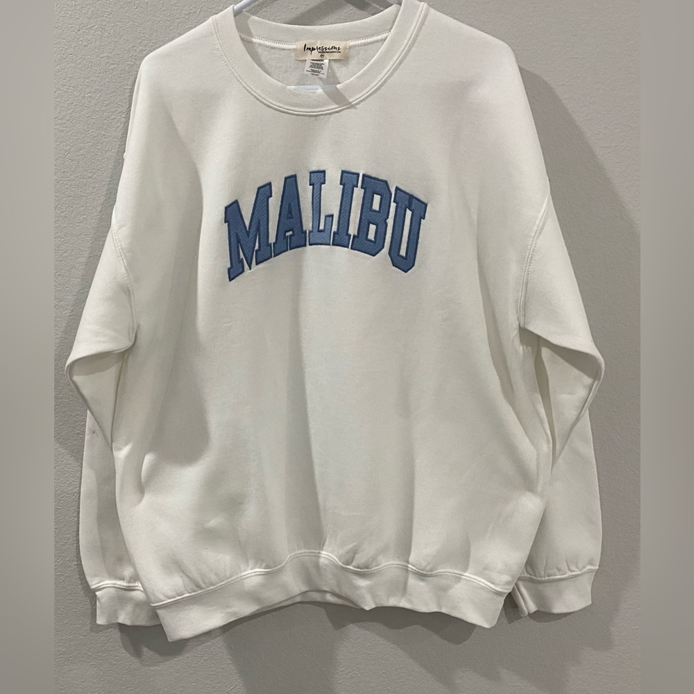 Malibu Pullover Long Sleeve White Blue Embroidered Impressions Sweatshirt S/M